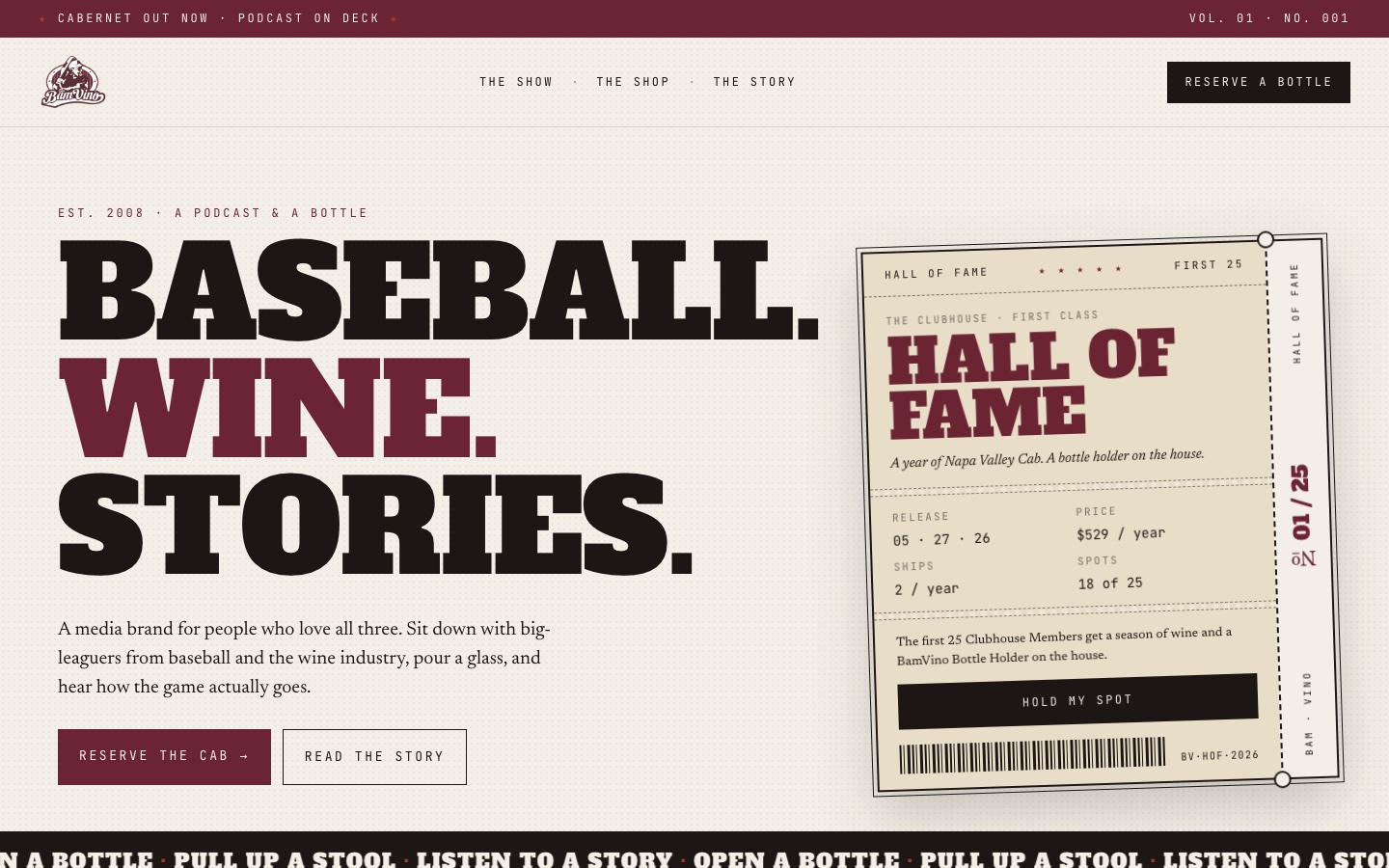 The BamVino homepage: the headline Baseball. Wine. Stories. beside a ticket-stub Hall of Fame membership card